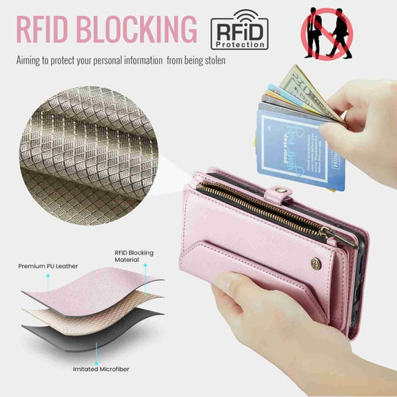 For Samsung Galaxy S10+ CaseMe C36 Card Slots Zipper Wallet RFID Anti-theft Leather Phone Case(Pink)