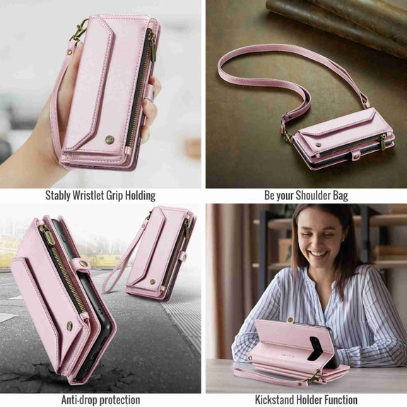 For Samsung Galaxy S10+ CaseMe C36 Card Slots Zipper Wallet RFID Anti-theft Leather Phone Case(Pink)
