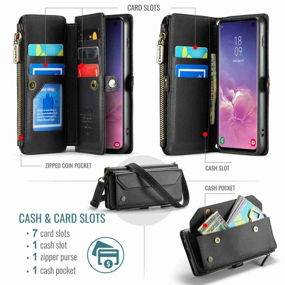 For Samsung Galaxy S10 CaseMe C36 Card Slots Zipper Wallet RFID Anti-theft Leather Phone Case(Black)