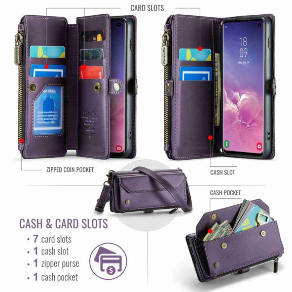 For Samsung Galaxy S10 CaseMe C36 Card Slots Zipper Wallet RFID Anti-theft Leather Phone Case(Purple)