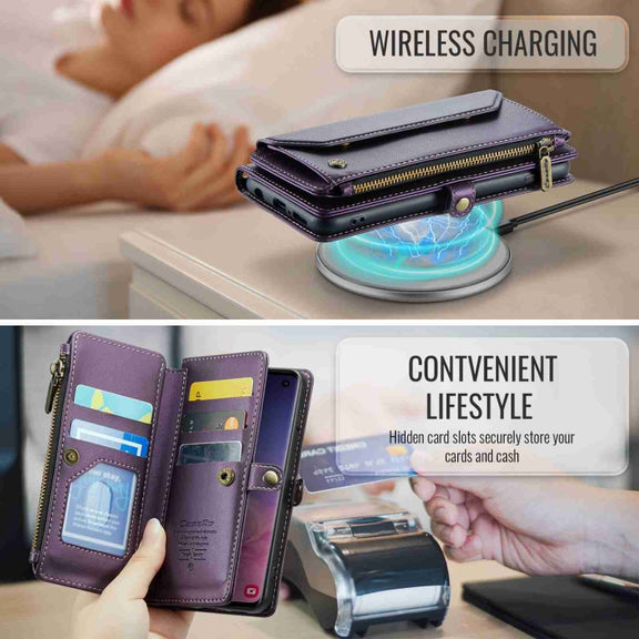 For Samsung Galaxy S10 CaseMe C36 Card Slots Zipper Wallet RFID Anti-theft Leather Phone Case(Purple)