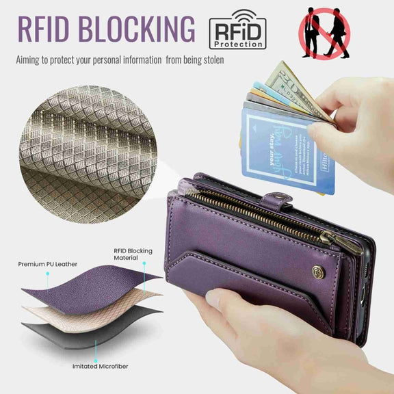 For Samsung Galaxy S10 CaseMe C36 Card Slots Zipper Wallet RFID Anti-theft Leather Phone Case(Purple)