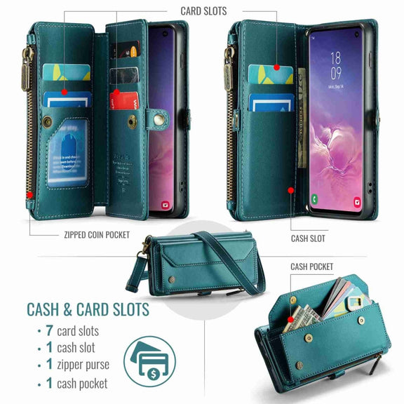 For Samsung Galaxy S10 CaseMe C36 Card Slots Zipper Wallet RFID Anti-theft Leather Phone Case(Blue-green)