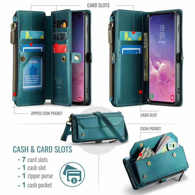 For Samsung Galaxy S10 CaseMe C36 Card Slots Zipper Wallet RFID Anti-theft Leather Phone Case(Blue-green)