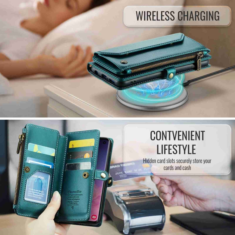 For Samsung Galaxy S10 CaseMe C36 Card Slots Zipper Wallet RFID Anti-theft Leather Phone Case(Blue-green)