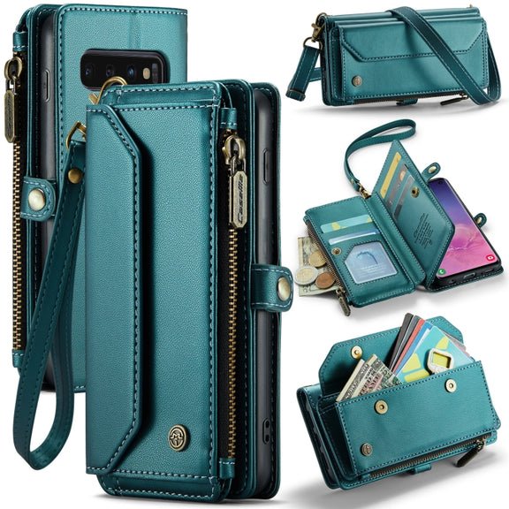 For Samsung Galaxy S10 CaseMe C36 Card Slots Zipper Wallet RFID Anti-theft Leather Phone Case(Blue-green)