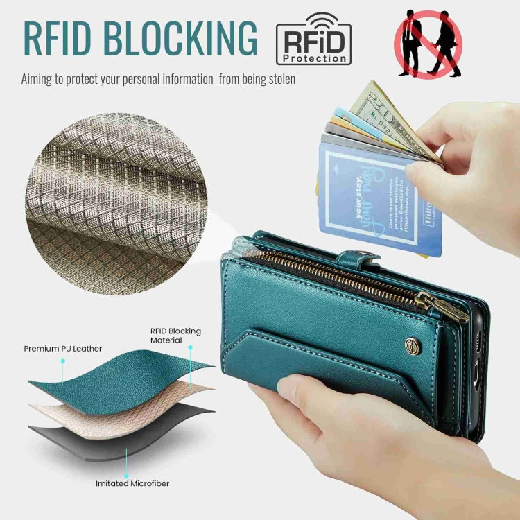 For Samsung Galaxy S10 CaseMe C36 Card Slots Zipper Wallet RFID Anti-theft Leather Phone Case(Blue-green)