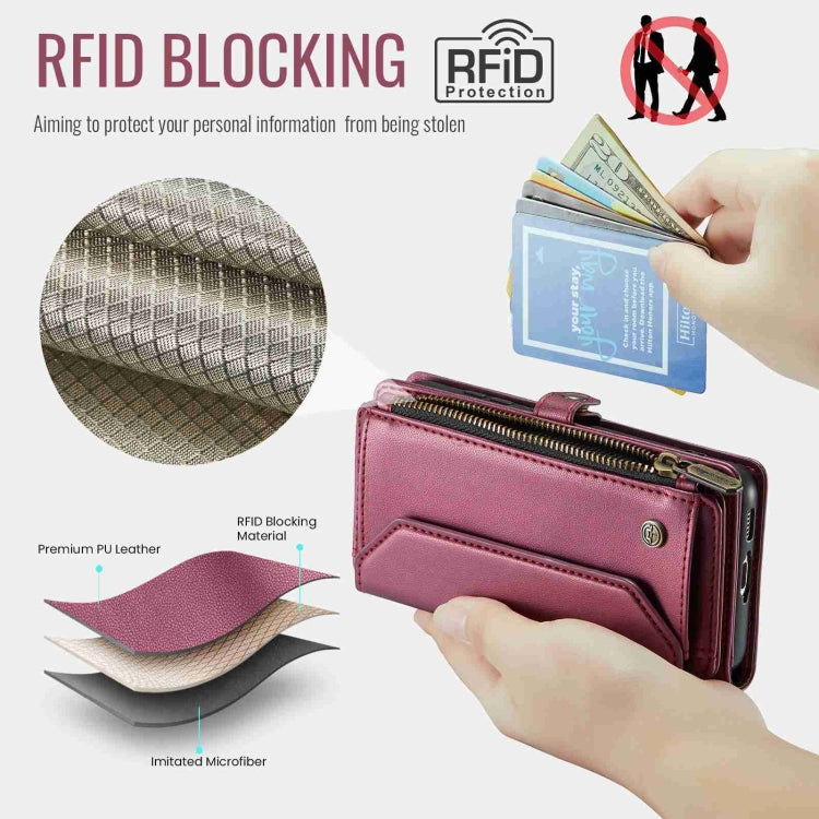 For Samsung Galaxy S10 CaseMe C36 Card Slots Zipper Wallet RFID Anti-theft Leather Phone Case(Wine Red)