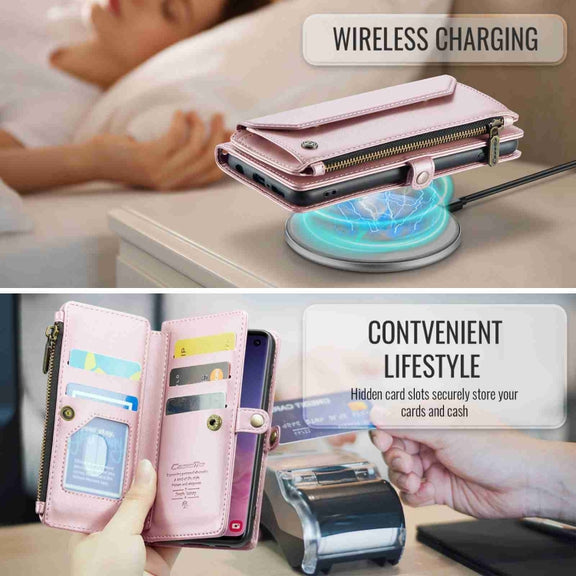 For Samsung Galaxy S10 CaseMe C36 Card Slots Zipper Wallet RFID Anti-theft Leather Phone Case(Pink)