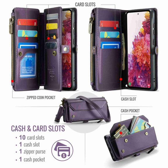For Samsung Galaxy S20 FE CaseMe C36 Card Slots Zipper Wallet RFID Anti-theft Leather Phone Case(Purple)