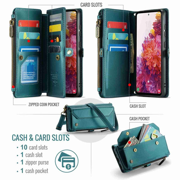 For Samsung Galaxy S20 FE CaseMe C36 Card Slots Zipper Wallet RFID Anti-theft Leather Phone Case(Blue-green)