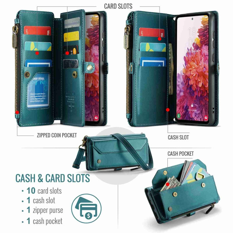 For Samsung Galaxy S20 FE CaseMe C36 Card Slots Zipper Wallet RFID Anti-theft Leather Phone Case(Blue-green)