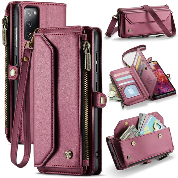 For Samsung Galaxy S20 FE CaseMe C36 Card Slots Zipper Wallet RFID Anti-theft Leather Phone Case(Wine Red)