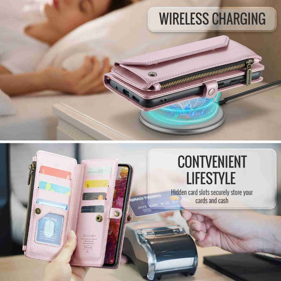 For Samsung Galaxy S20 FE CaseMe C36 Card Slots Zipper Wallet RFID Anti-theft Leather Phone Case(Pink)