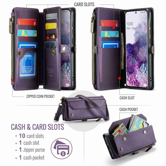 For Samsung Galaxy S20+ CaseMe C36 Card Slots Zipper Wallet RFID Anti-theft Leather Phone Case(Purple)