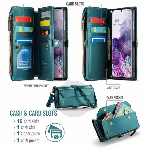 For Samsung Galaxy S20+ CaseMe C36 Card Slots Zipper Wallet RFID Anti-theft Leather Phone Case(Blue-green)