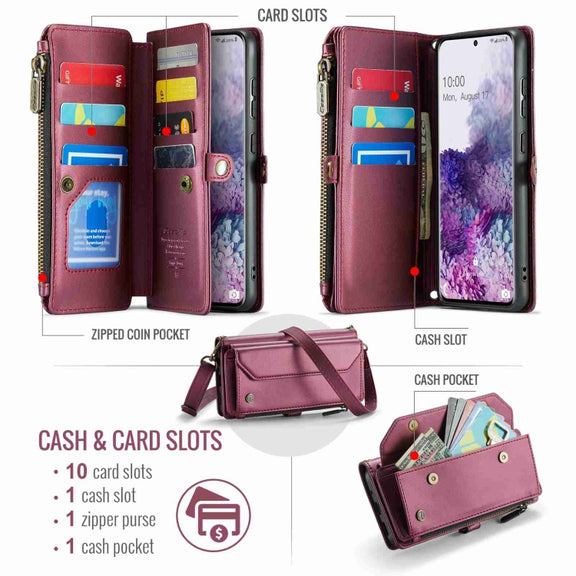 For Samsung Galaxy S20+ CaseMe C36 Card Slots Zipper Wallet RFID Anti-theft Leather Phone Case(Wine Red)