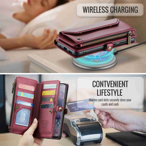 For Samsung Galaxy S20+ CaseMe C36 Card Slots Zipper Wallet RFID Anti-theft Leather Phone Case(Wine Red)
