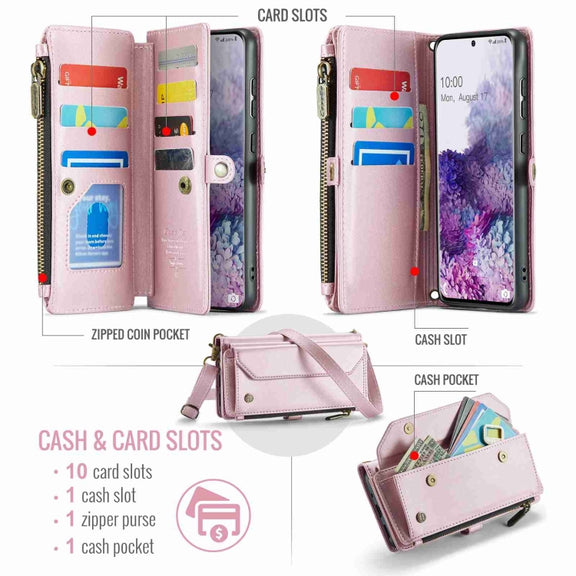 For Samsung Galaxy S20+ CaseMe C36 Card Slots Zipper Wallet RFID Anti-theft Leather Phone Case(Pink)