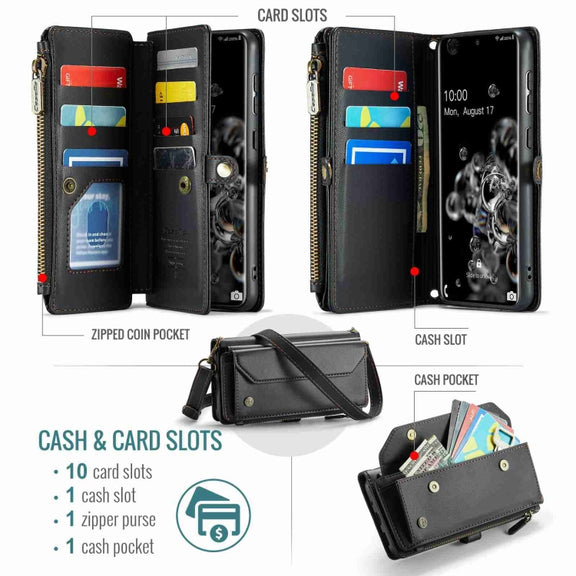For Samsung Galaxy S20 Ultra CaseMe C36 Card Slots Zipper Wallet RFID Anti-theft Leather Phone Case(Black)