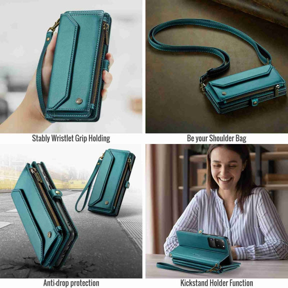 For Samsung Galaxy S20 Ultra CaseMe C36 Card Slots Zipper Wallet RFID Anti-theft Leather Phone Case(Blue-green)