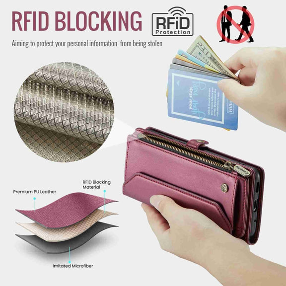 For Samsung Galaxy S20 Ultra CaseMe C36 Card Slots Zipper Wallet RFID Anti-theft Leather Phone Case(Wine Red)