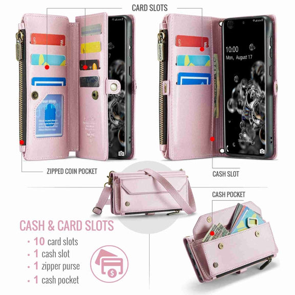 For Samsung Galaxy S20 Ultra CaseMe C36 Card Slots Zipper Wallet RFID Anti-theft Leather Phone Case(Pink)