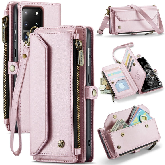 For Samsung Galaxy S20 Ultra CaseMe C36 Card Slots Zipper Wallet RFID Anti-theft Leather Phone Case(Pink)