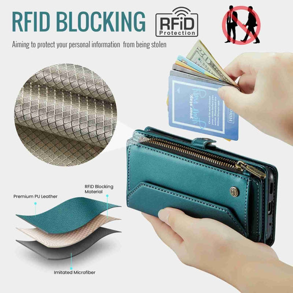 For Samsung Galaxy S20 CaseMe C36 Card Slots Zipper Wallet RFID Anti-theft Leather Phone Case(Blue-green)