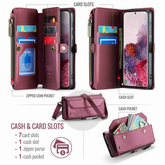 For Samsung Galaxy S20 CaseMe C36 Card Slots Zipper Wallet RFID Anti-theft Leather Phone Case(Wine Red)