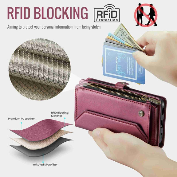 For Samsung Galaxy S20 CaseMe C36 Card Slots Zipper Wallet RFID Anti-theft Leather Phone Case(Wine Red)