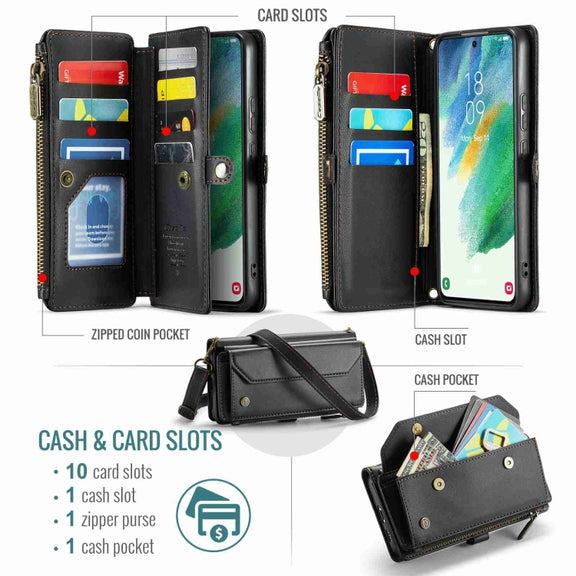 For Samsung Galaxy S21 FE 5G CaseMe C36 Card Slots Zipper Wallet RFID Anti-theft Leather Phone Case(Black)