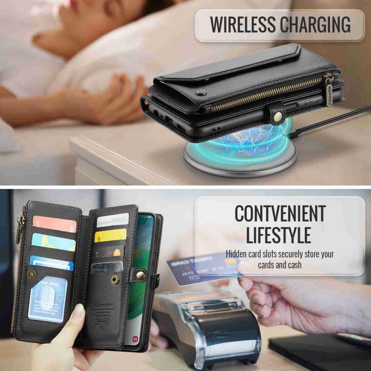 For Samsung Galaxy S21 FE 5G CaseMe C36 Card Slots Zipper Wallet RFID Anti-theft Leather Phone Case(Black)
