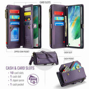 For Samsung Galaxy S21 FE 5G CaseMe C36 Card Slots Zipper Wallet RFID Anti-theft Leather Phone Case(Purple)