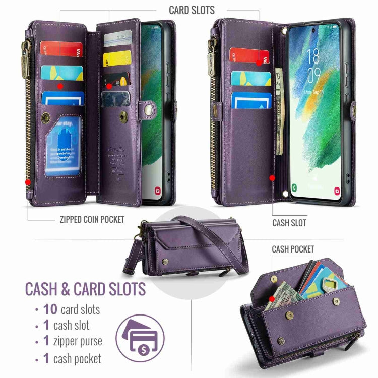 For Samsung Galaxy S21 FE 5G CaseMe C36 Card Slots Zipper Wallet RFID Anti-theft Leather Phone Case(Purple)
