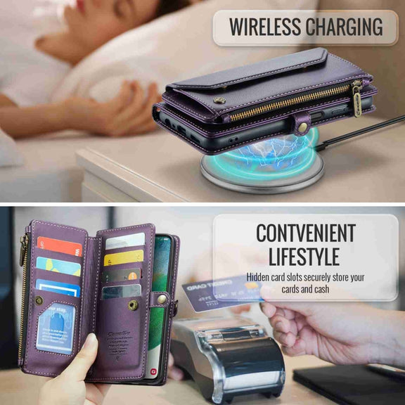 For Samsung Galaxy S21 FE 5G CaseMe C36 Card Slots Zipper Wallet RFID Anti-theft Leather Phone Case(Purple)