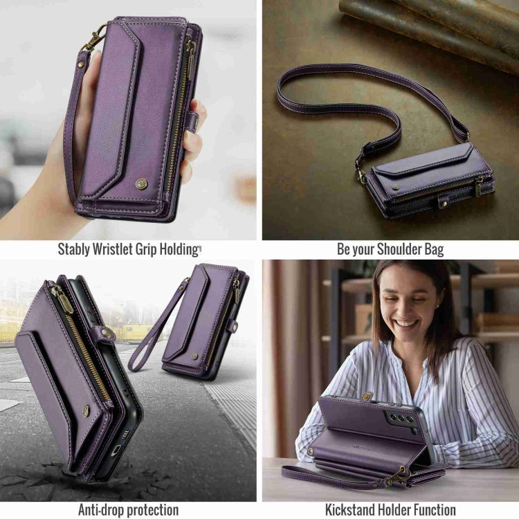 For Samsung Galaxy S21 FE 5G CaseMe C36 Card Slots Zipper Wallet RFID Anti-theft Leather Phone Case(Purple)