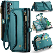 For Samsung Galaxy S21 FE 5G CaseMe C36 Card Slots Zipper Wallet RFID Anti-theft Leather Phone Case(Blue-green)