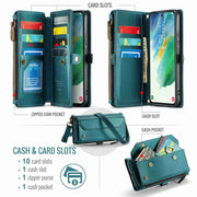 For Samsung Galaxy S21 FE 5G CaseMe C36 Card Slots Zipper Wallet RFID Anti-theft Leather Phone Case(Blue-green)