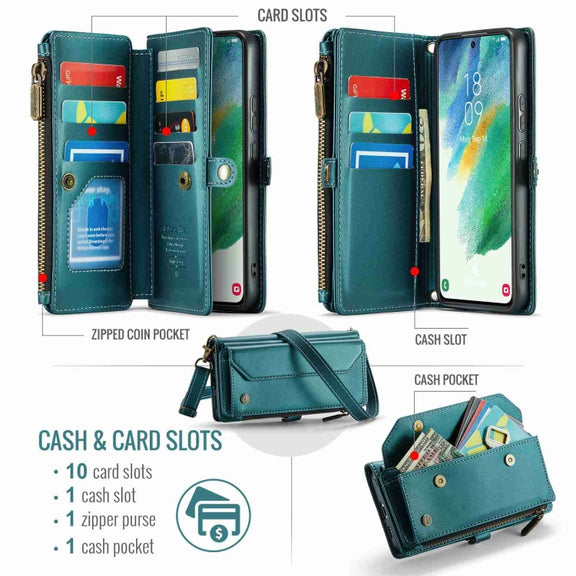 For Samsung Galaxy S21 FE 5G CaseMe C36 Card Slots Zipper Wallet RFID Anti-theft Leather Phone Case(Blue-green)