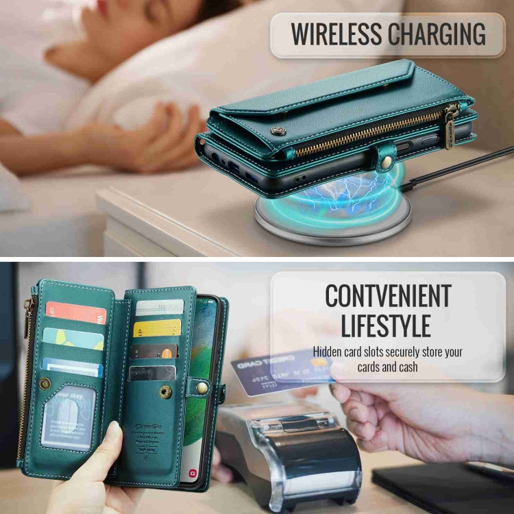 For Samsung Galaxy S21 FE 5G CaseMe C36 Card Slots Zipper Wallet RFID Anti-theft Leather Phone Case(Blue-green)