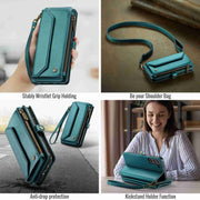 For Samsung Galaxy S21 FE 5G CaseMe C36 Card Slots Zipper Wallet RFID Anti-theft Leather Phone Case(Blue-green)