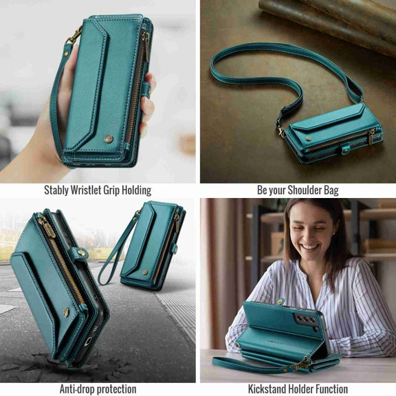 For Samsung Galaxy S21 FE 5G CaseMe C36 Card Slots Zipper Wallet RFID Anti-theft Leather Phone Case(Blue-green)