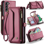 For Samsung Galaxy S21 FE 5G CaseMe C36 Card Slots Zipper Wallet RFID Anti-theft Leather Phone Case(Wine Red)