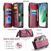 For Samsung Galaxy S21 FE 5G CaseMe C36 Card Slots Zipper Wallet RFID Anti-theft Leather Phone Case(Wine Red)