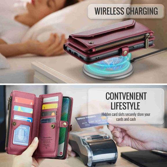 For Samsung Galaxy S21 FE 5G CaseMe C36 Card Slots Zipper Wallet RFID Anti-theft Leather Phone Case(Wine Red)