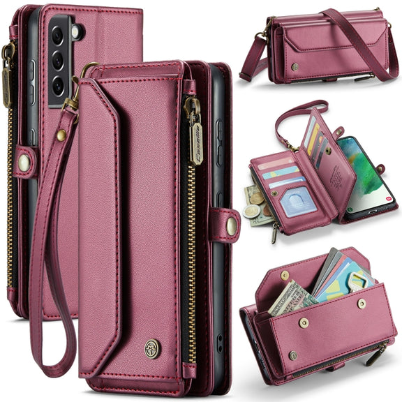 For Samsung Galaxy S21 FE 5G CaseMe C36 Card Slots Zipper Wallet RFID Anti-theft Leather Phone Case(Wine Red)