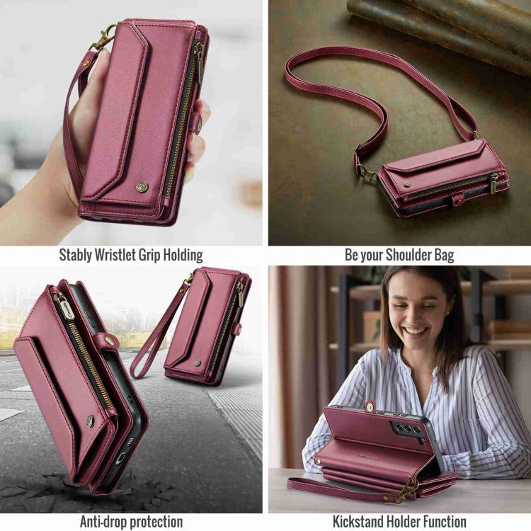 For Samsung Galaxy S21 FE 5G CaseMe C36 Card Slots Zipper Wallet RFID Anti-theft Leather Phone Case(Wine Red)