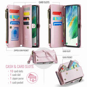 For Samsung Galaxy S21 FE 5G CaseMe C36 Card Slots Zipper Wallet RFID Anti-theft Leather Phone Case(Pink)