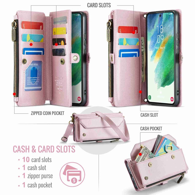 For Samsung Galaxy S21 FE 5G CaseMe C36 Card Slots Zipper Wallet RFID Anti-theft Leather Phone Case(Pink)